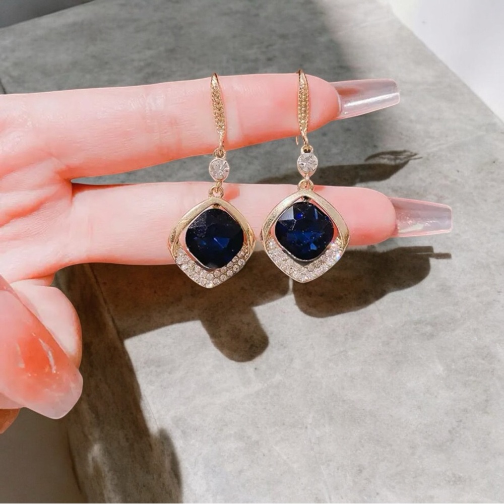 Elegant Geometric Blue Crystal Drop & Dangle Earrings - 925 Sterling Silver